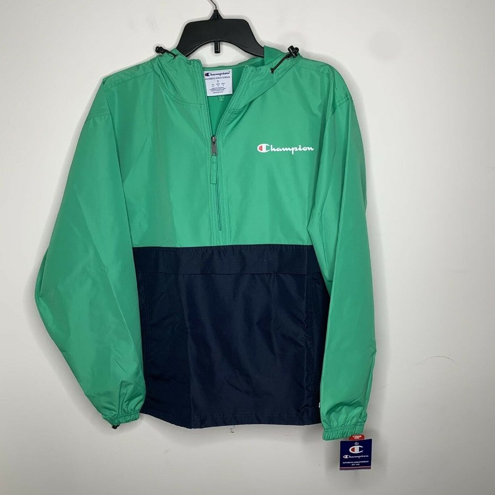NWT Champion Mens S Green/Blue Color Blocked Packable Hood Quarter Zip Pullover